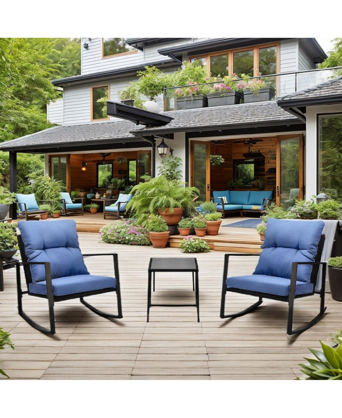 3 Pieces Patio Bistro Set Outdoor Rocking Chair with Cushion | Macy's