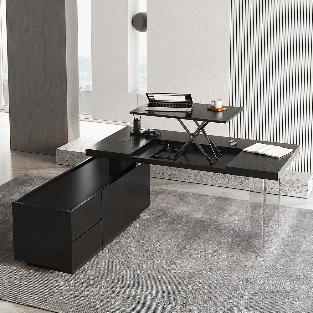 71.5" Modern Black L-Shape Executive Desk with Side Cabinet Height Adjustable Desktop Standing Desk with Clear Arcylic Leg | Homary