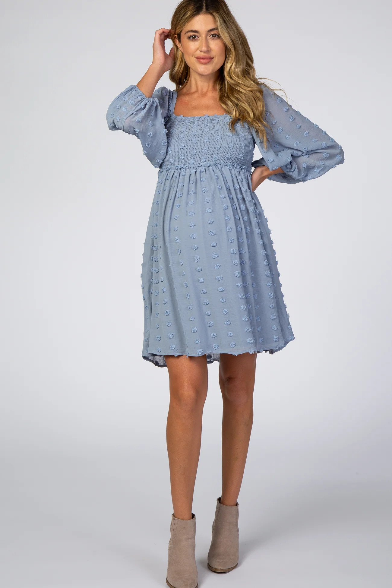 Light Blue Textured Dot Smocked Square Neck Chiffon Maternity Dress | PinkBlush Maternity