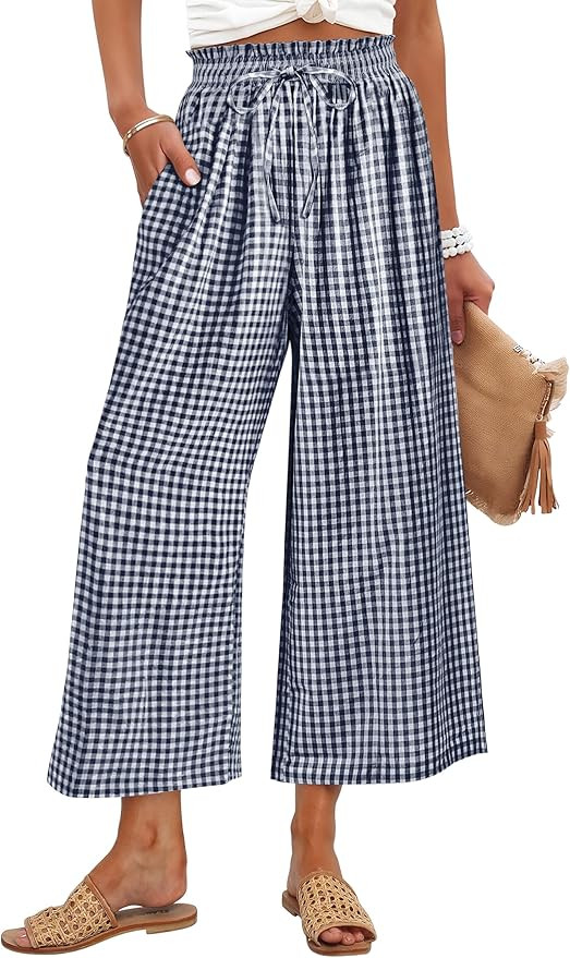 ANRABESS Womens Striped Gingham Pants, Cropped & Palazzo, Wide Leg Pajama with Pockets, Summer Ca... | Amazon (US)