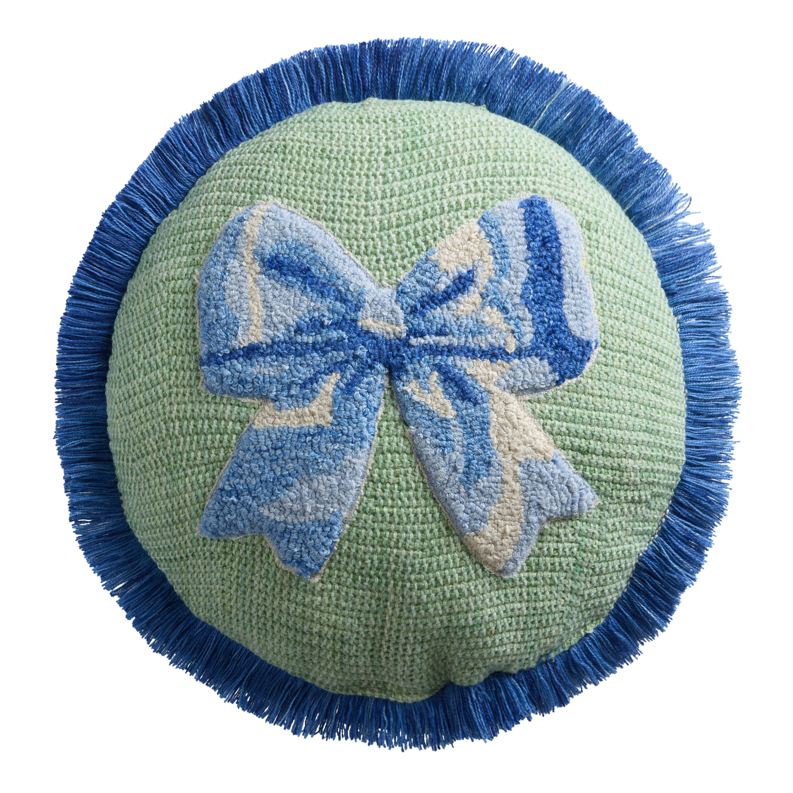 Round Blue and Green Tufted Bow Indoor Outdoor Throw Pillow | World Market