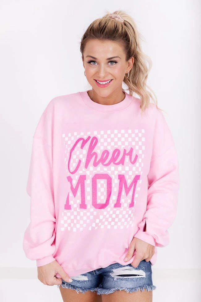 Cheer Mom Checkered Light Pink Oversized Graphic Sweatshirt | Pink Lily