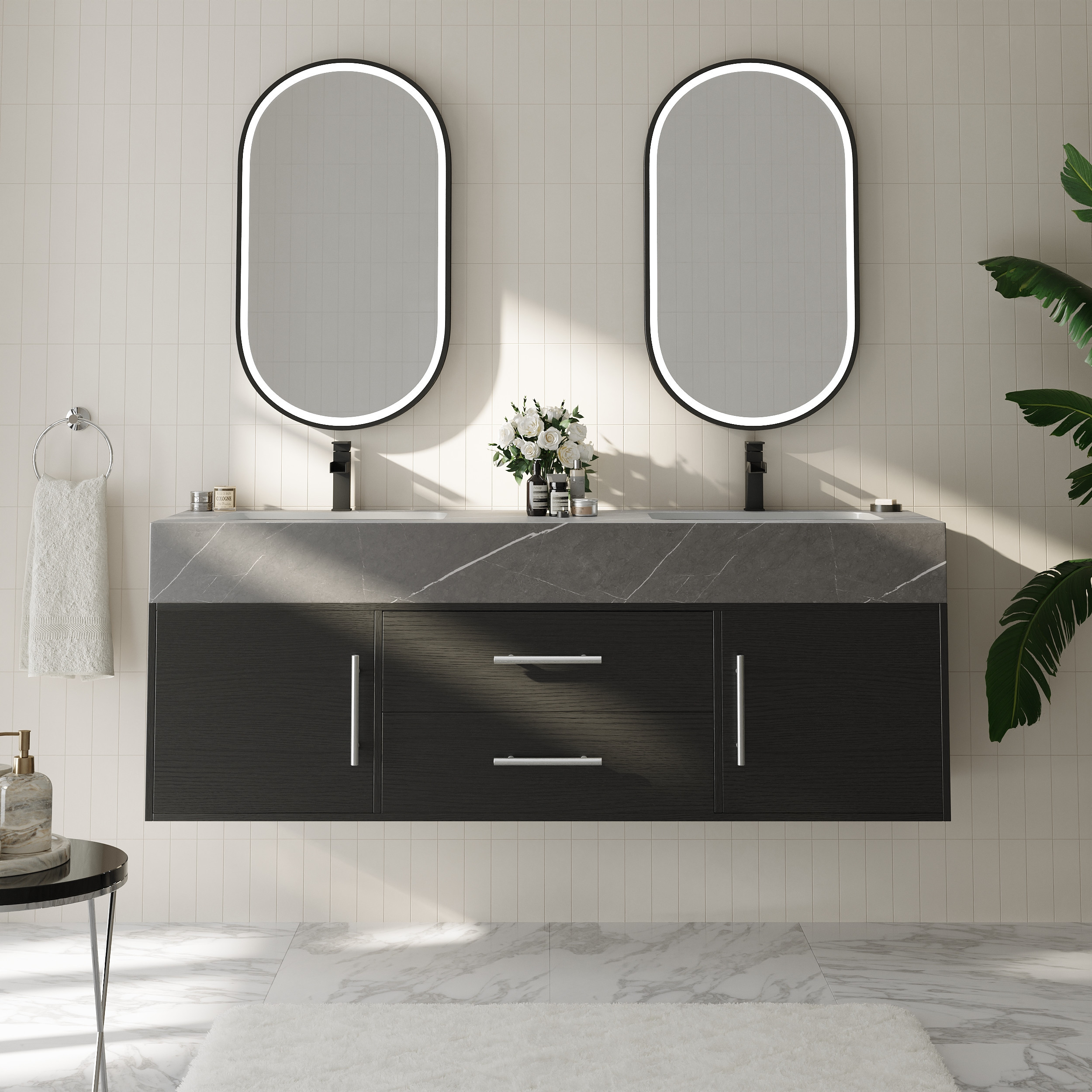59"" Black Double Sink Bathroom Vanity with Silver Handles, Floating Design | Homary