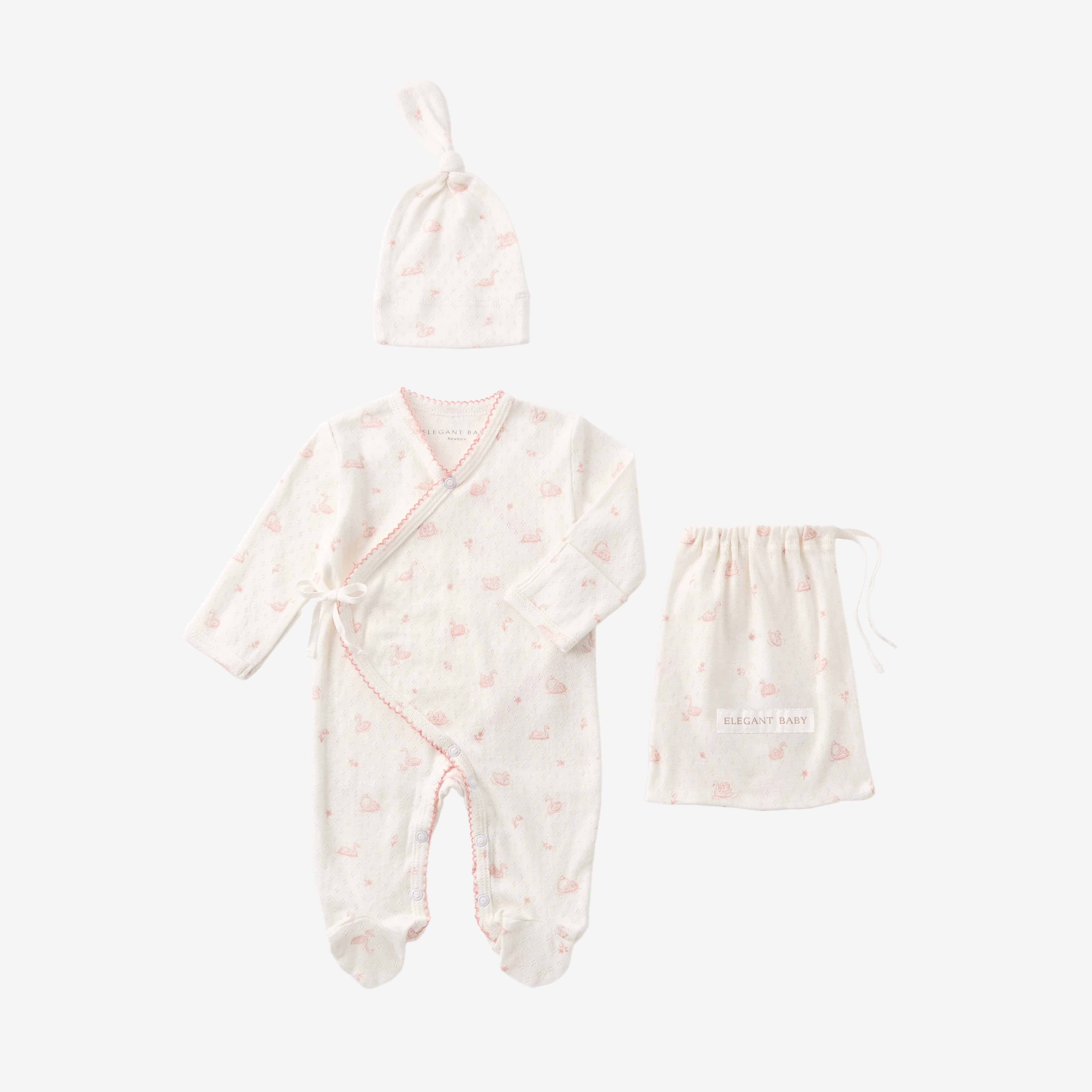 Pink Swan Print Organic Cotton Pointelle Layette 2 Pc Gift Set | Elegant Baby