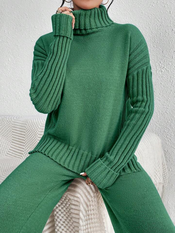 SHEIN Essnce Women's High Neck Drop Shoulder Sweater And Sweater Pants Two Piece Set | SHEIN