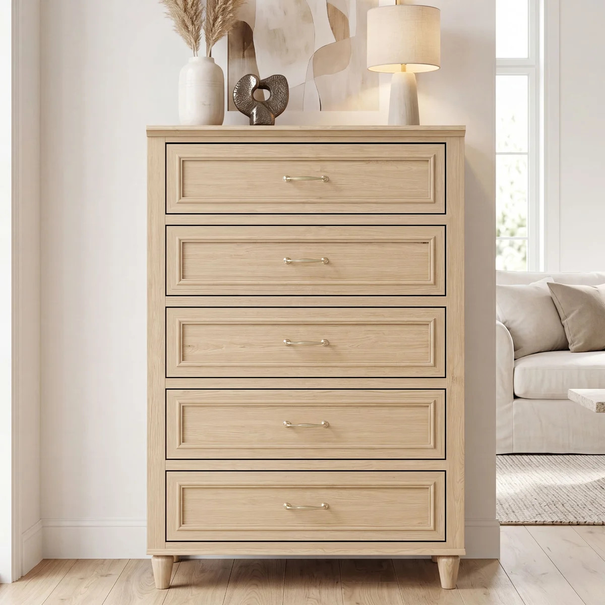 Cynthiana 46" Tall 5 Drawer Wood Dresser with Interlocking Drawer  and Turned Legs | Wayfair North America