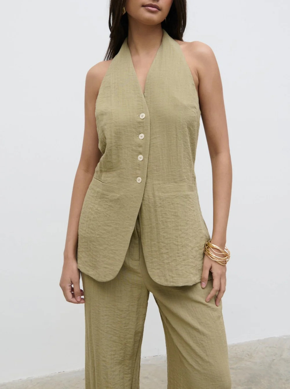 Remy Halterneck Waistcoat - Olive | Pretty Lavish (UK)