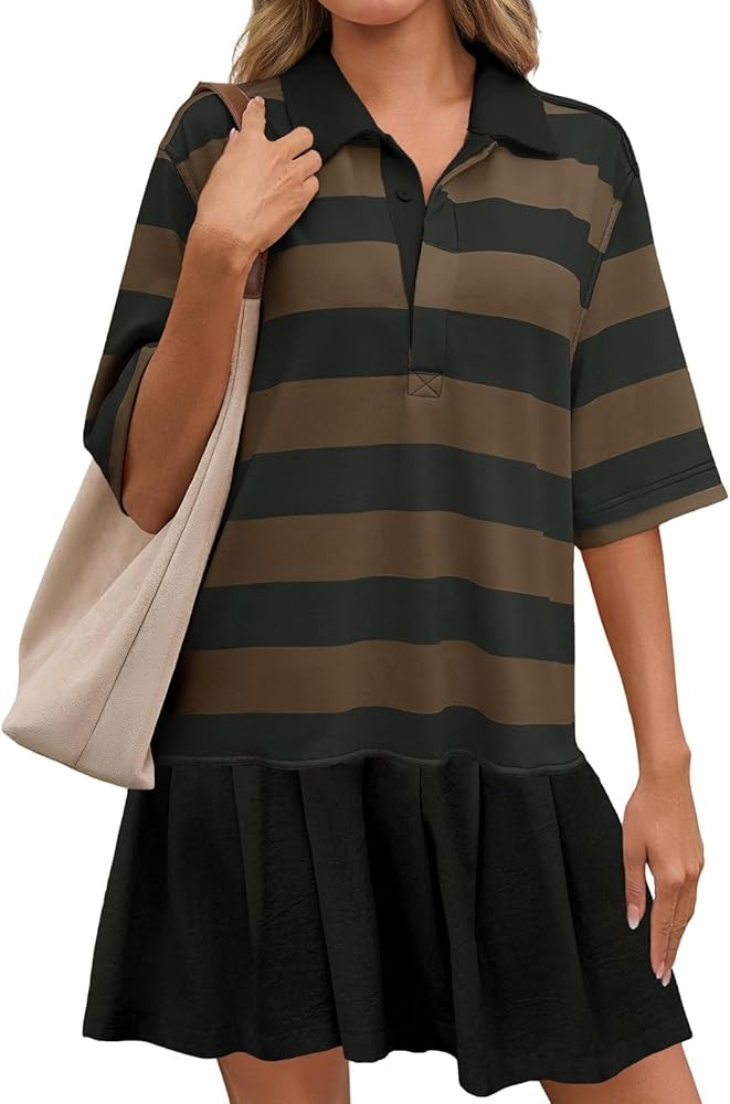 Wenrine Womens Summer Striped Mini Polo V Neck Patchwork Sweatshirt Dress Short Sleeve Loose T Sh... | Amazon (US)
