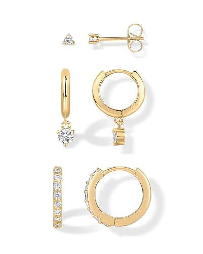 PAVOI 18K Yellow Gold Plated Sterling Silver Posts Three Pairs Dangle Huggie Hoop Earrings for Women - Gold Earring Pack with Cubic Zirconia - Earscape Stud Huggie Piercing Jewelry Set | Amazon (US)