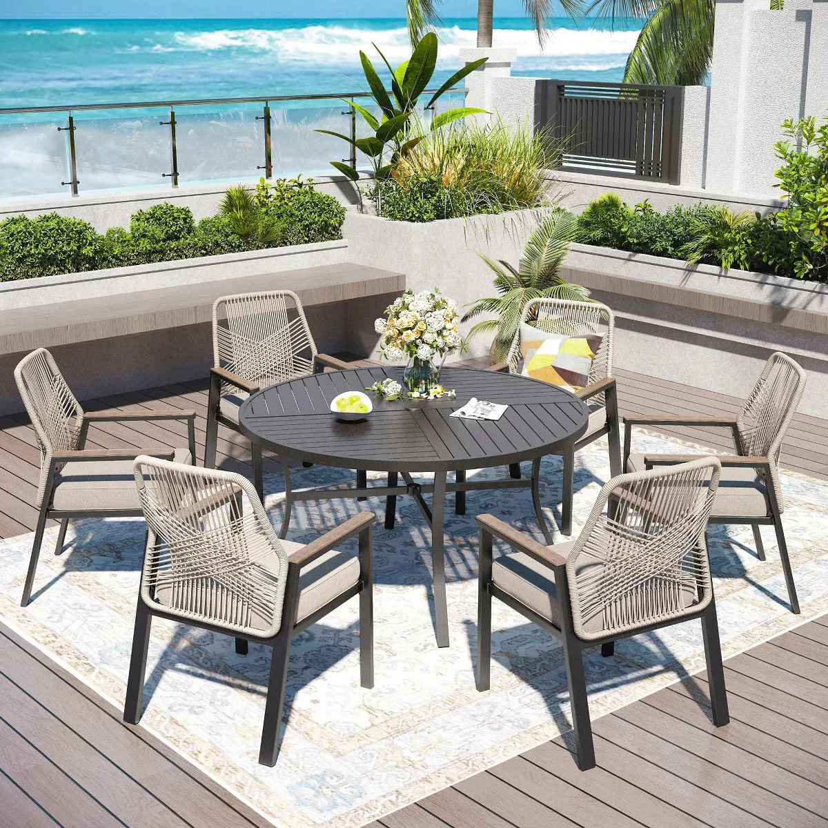 Captiva Designs 7pc Patio Dining Round Slat-top Steel Table with Umbrella Hole & Beige Rattan Fix... | Target