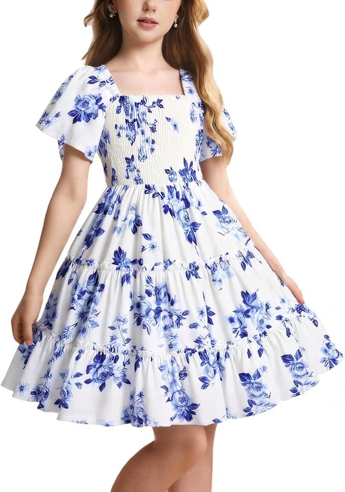 Girls Summer Dress Midi Casual Ruffle Flowy Square Neck Swing Tiered Smocked Tween Dresses for 6-... | Amazon (US)