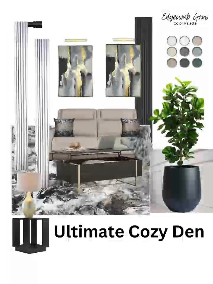 Ultimate Cozy Den ✨️Painting the room in the edgcomb gray. Continuing the wall paneling from the entrance into the den area keeping them white. Paint the TV stand all white to match the bookcase. Add wall slats in a darker wood tone behind the TV for some dimension and balance pulling from the colors of the furniture. Adding a tall green faux fig tree in a large planter between the recliner sofas. Centering the room with 9x12 abstract rug along with versatile coffee table with a rising top and modern end tables topped with gold lamps. 2 story white pleated curtains soften the room, while 2 extra large abstract art add visual interest to the main wall. 

#LTKVideo #LTKhome #LTKU