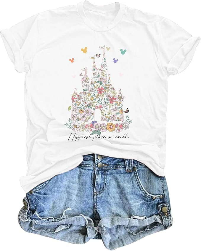 Bobeutou Magic Kingdom Shirts for Women Floral Castle Graphic T Shirt Flower Holiday Vacation Shi... | Amazon (US)