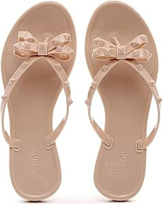 Studded Jelly Shoes for Womens Bow Flip Flops Jellies Sandals Flat Black Summer Beach Thong with ... | Amazon (US)