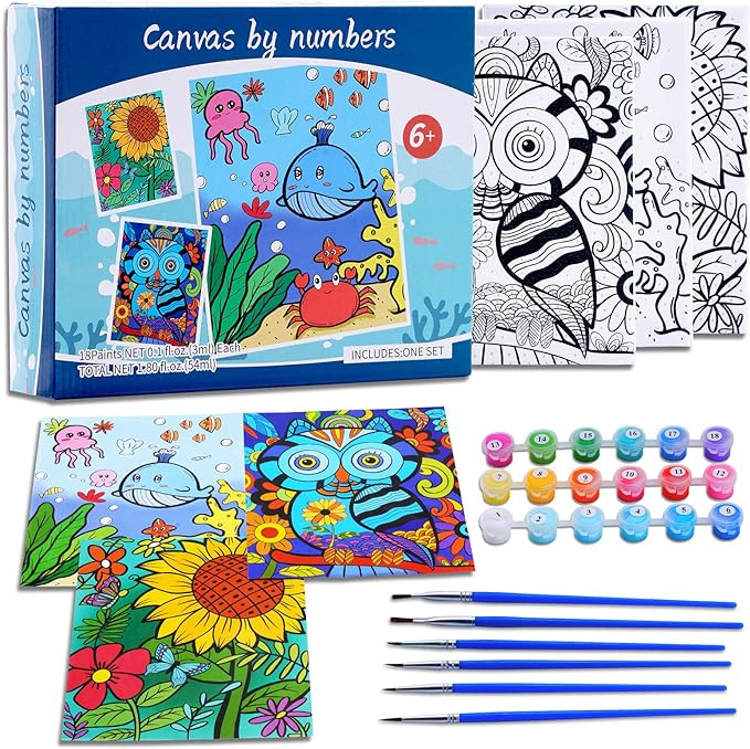 3 Pack Paint by Numbers for Kids Ages 8-12, 10*8"Color by Number for Kids Framed Canvas with 18 A... | Amazon (US)