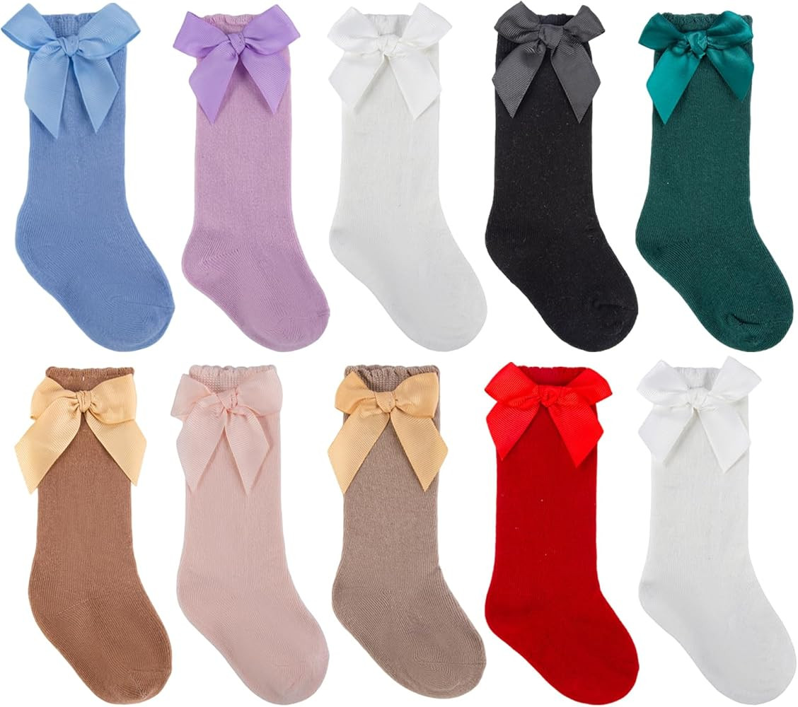 Baby Girl Knee High Socks: Soft Cotton Infant Baby Long Socks Newborn Stockings with Bow & Ruffle... | Amazon (US)