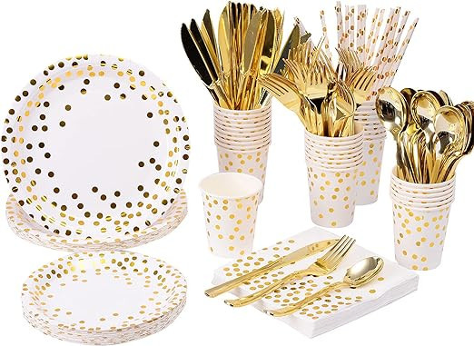 200Pcs Gold Party Supplies - Gold Paper Plates & Napkins Cups Silverware Serves 25 Sets for Weddi... | Amazon (US)