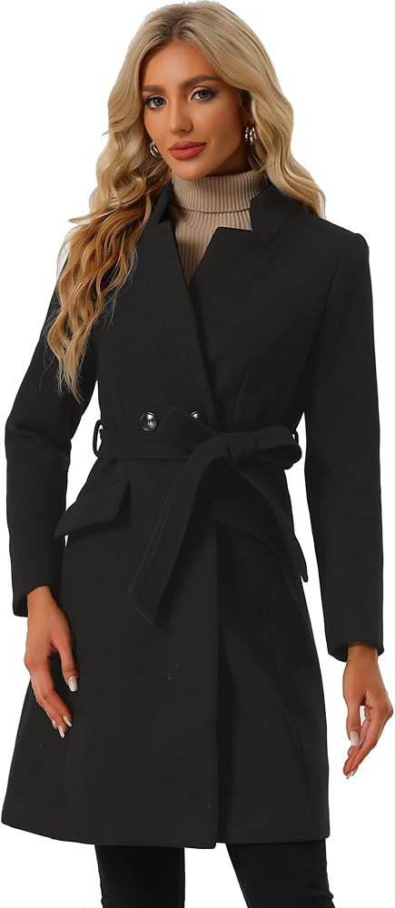 Allegra K Winter Pea Coat for Women's Classic Outwear Stand Collar Wrap Belted Trench Coats | Amazon (US)