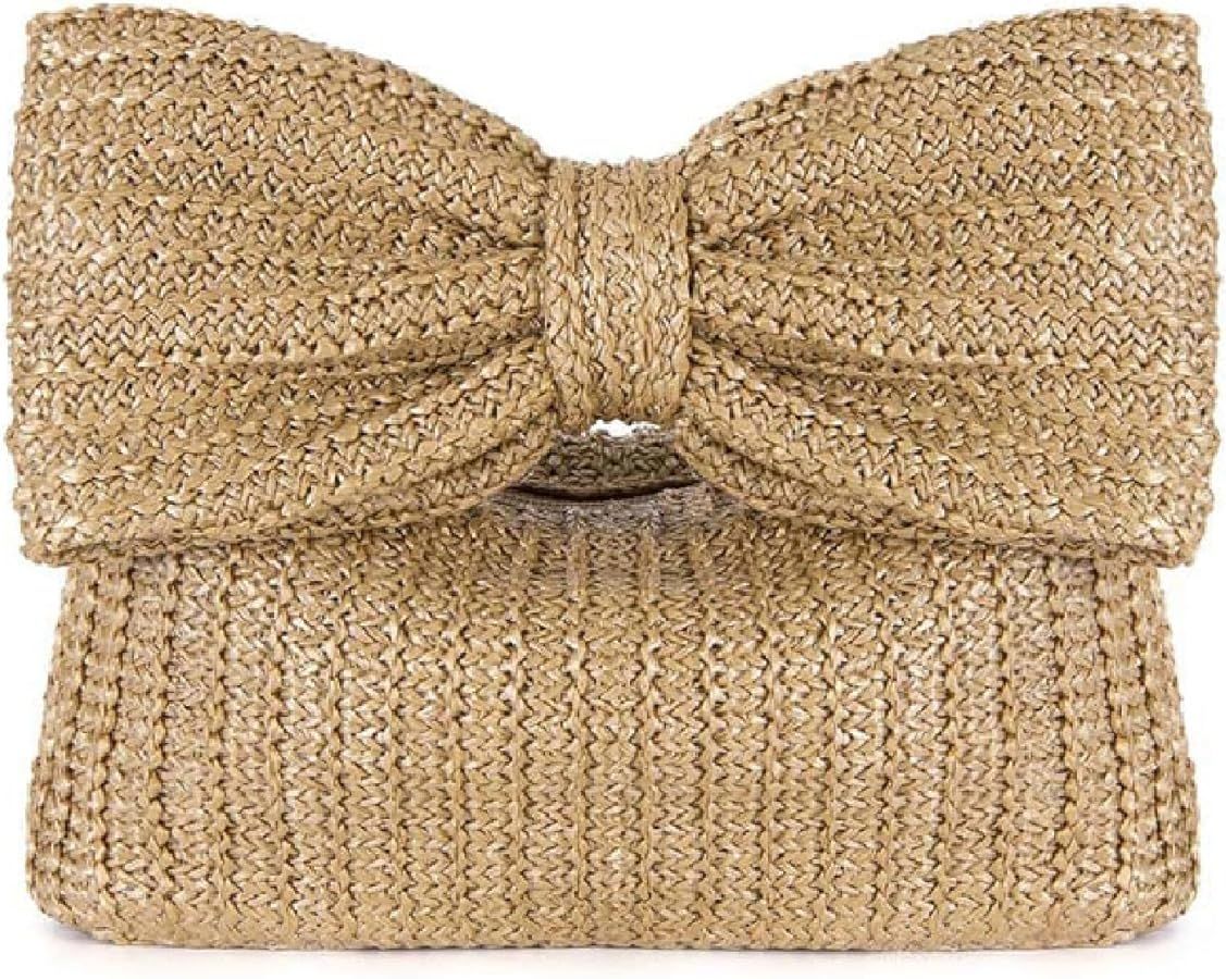 Women Bow Purse Straw Woven Clutch Bag Handbags Mini Summer Vacation Beach Tote for Party Wedding | Amazon (US)
