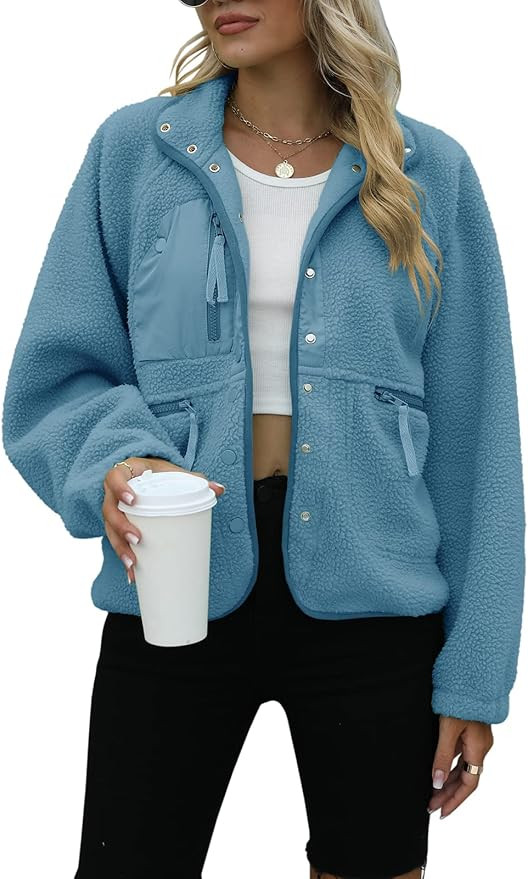 Yanekop Womens Fleece Jacket Fuzzy Long Sleeve Short Coats Button Down Sherpa Outerwear with Pock... | Amazon (US)