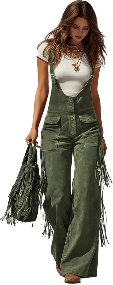 Women's Faux Suede Fringe Jumpsuit: Wide-Leg Western Vintage Romper Button Up Bell Bottom With Ad... | Amazon (US)