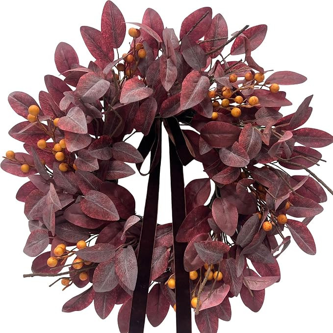 24 Inch Fall Autumn Burgundy Wreath for Front Door, Farmhouse Harvest Decor | UV Resistant Eucaly... | Amazon (US)