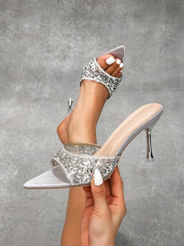 CUCCOO SZL Pointed Toe High Slim Heels Sexy Party Gathering Holiday Outfit Silver Rhinestone Ladi... | SHEIN