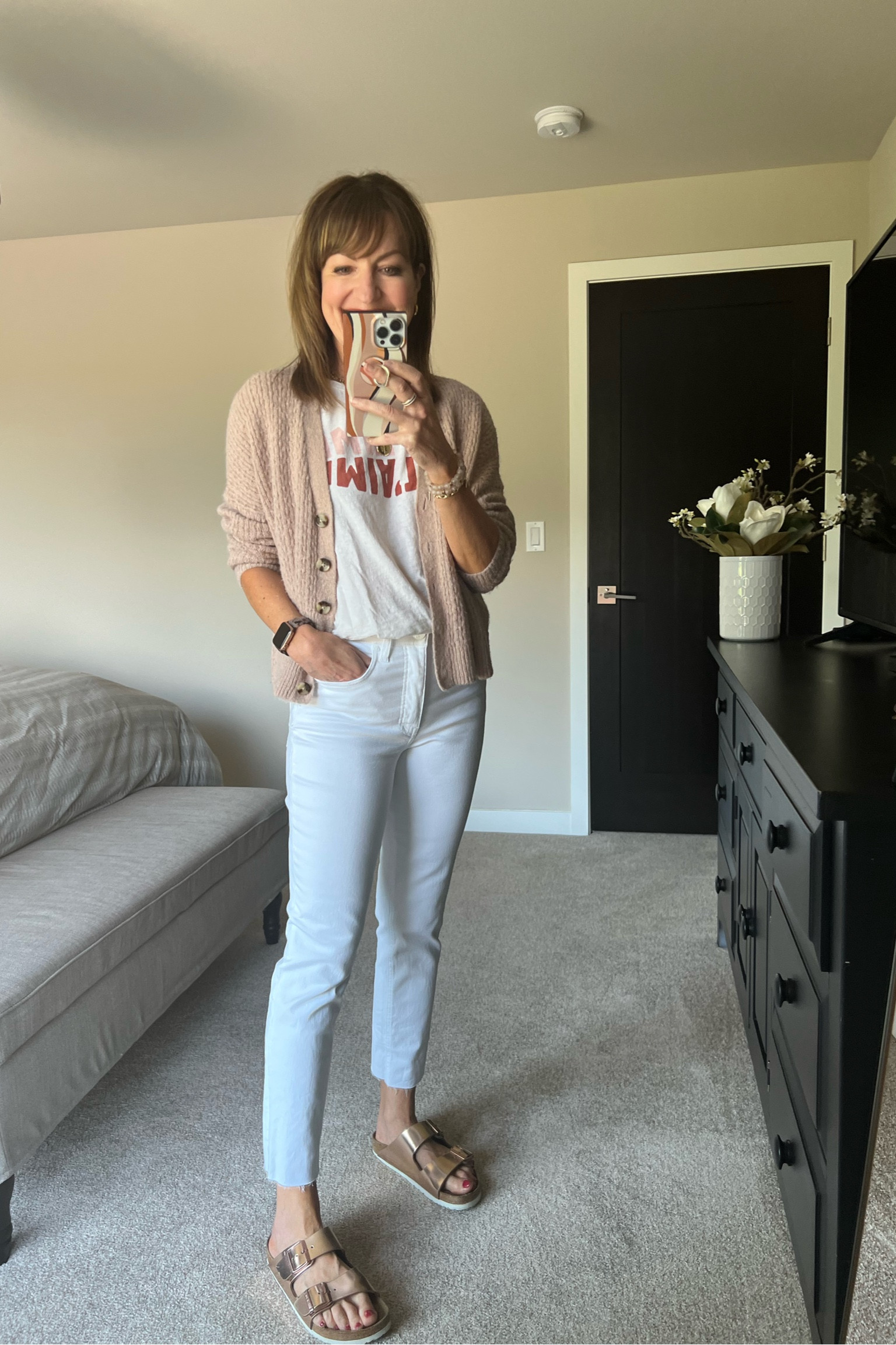 OOTD for running errands! I found my raw hem straight leg white jeans fully stocked! I love the fit and style! 

Kut from the Kloth, Rachel Mom jeans, white denim, graphic tee, cardigan, rose gold Birkenstocks, casual outfit, spring outfit 

#LTKstyletip #LTKunder100 #LTKshoecrush