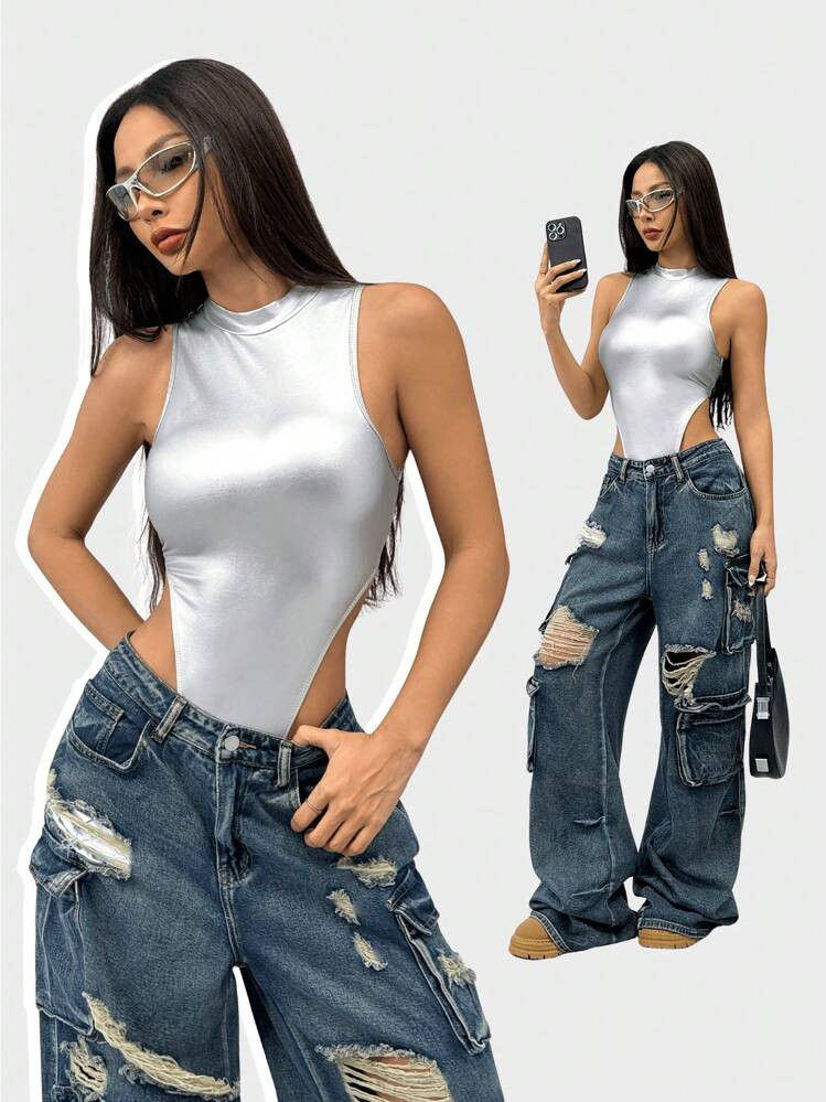 Coolane Women's Fall/Winter Y2K Leather Bodysuit Jumpsuits,Party / New Year Eve / Streetwear | SHEIN