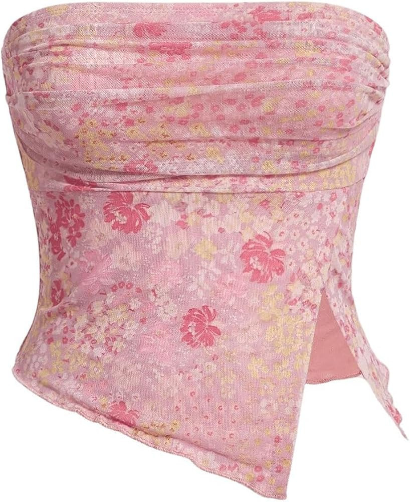 Milumia Women Floral Mesh Strapless Ruched Tube Top Split Hem Sleeveless Bandeau Crop Tops | Amazon (US)