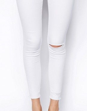 ASOS Ridley Skinny Ankle Grazer Jeans in White with Ripped Knees and Raw Hem | ASOS US