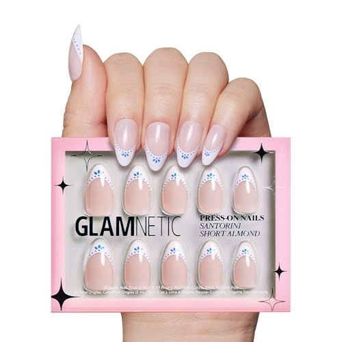 Glamnetic Press On Nails - Santorini | Semi-Transparent Blue and White French Tip Short Almond Na... | Amazon (US)