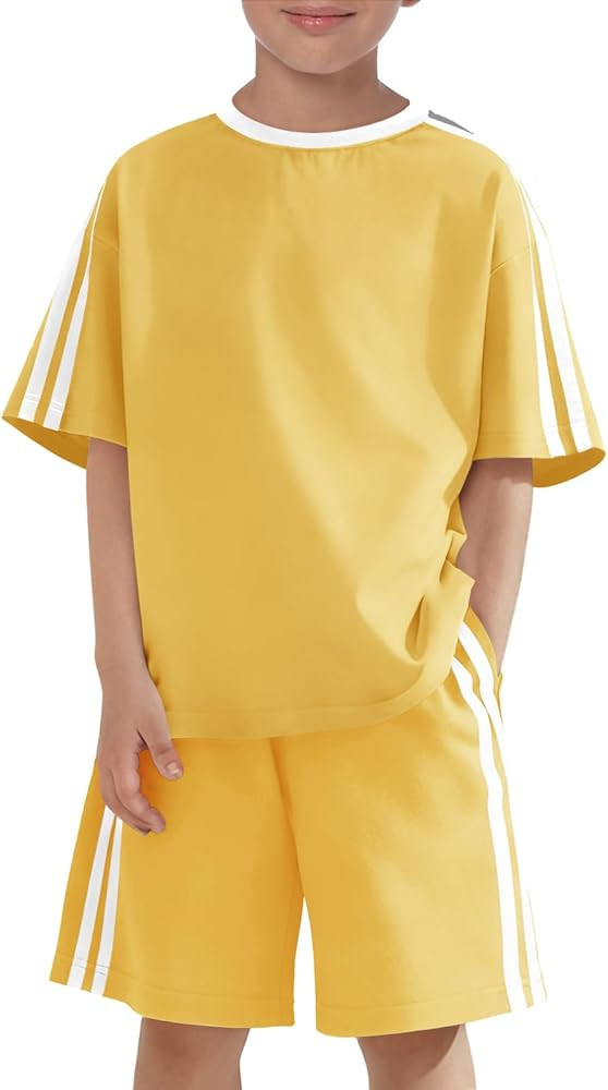 Haloumoning Boys 2 Piece Summer Outfits Kids Striped Trim Short Sleeve T-Shirt and Shorts Set wit... | Amazon (US)