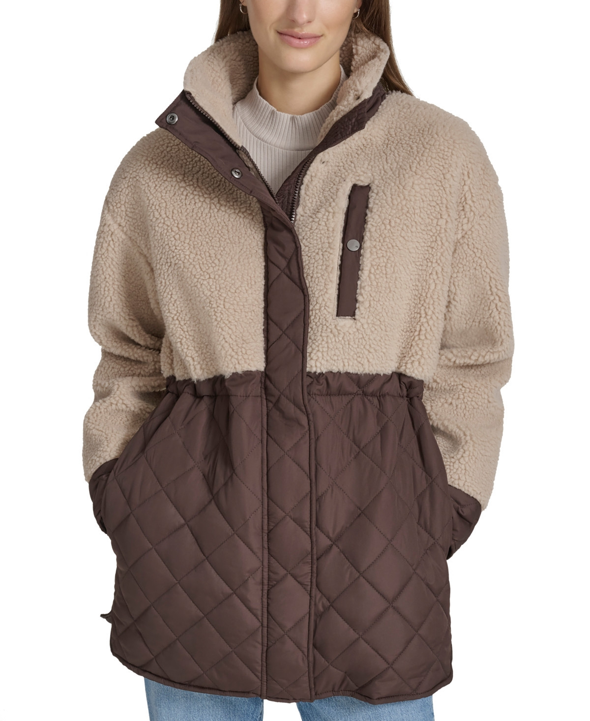 Andrew Marc Sport Women's Sherpa Trim Longline Quilted Jacket - Beige Multicolor | Macy's