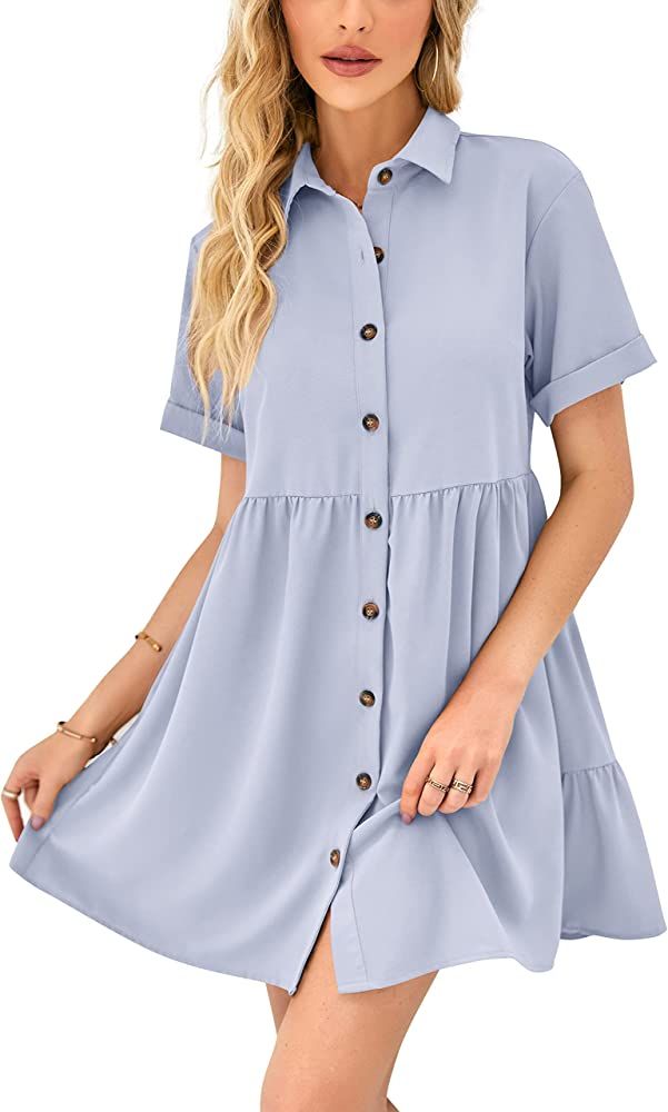 Imily Bela Womens Flowy Collared Shirt Dress Summer Casual Short Sleeve Loose Ruffle Button Down ... | Amazon (US)