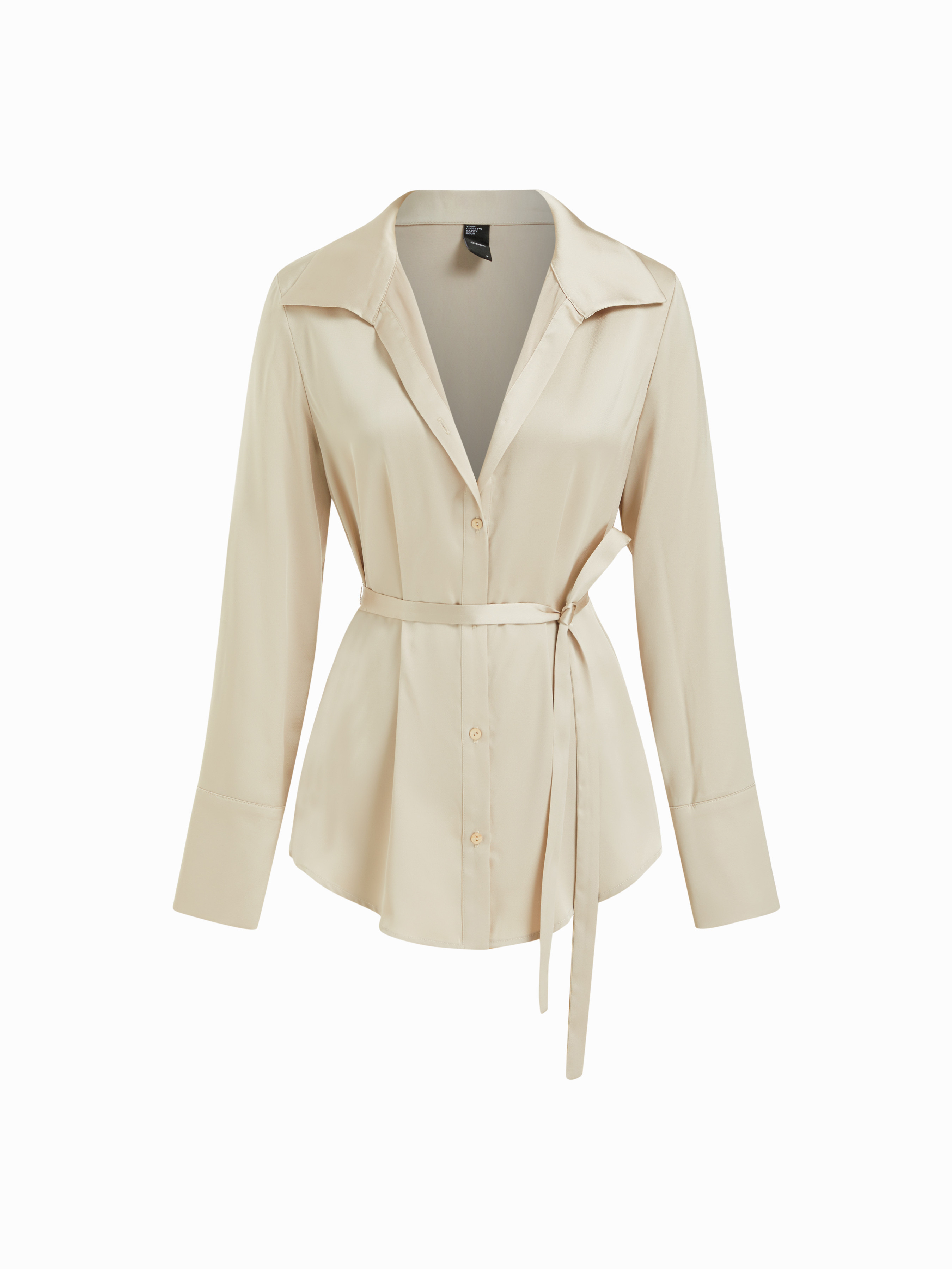 Satin Satin Collar Long Sleeve Belted Shirt For Work | Cider