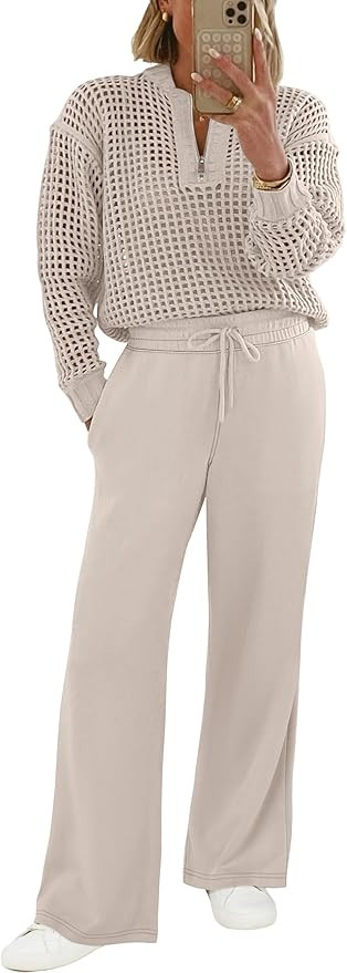 ANRABESS Womens 2 Piece Outfits Crochet Knit Travel Matching Sets Half Zip Sweater Tops Wide Leg ... | Amazon (US)