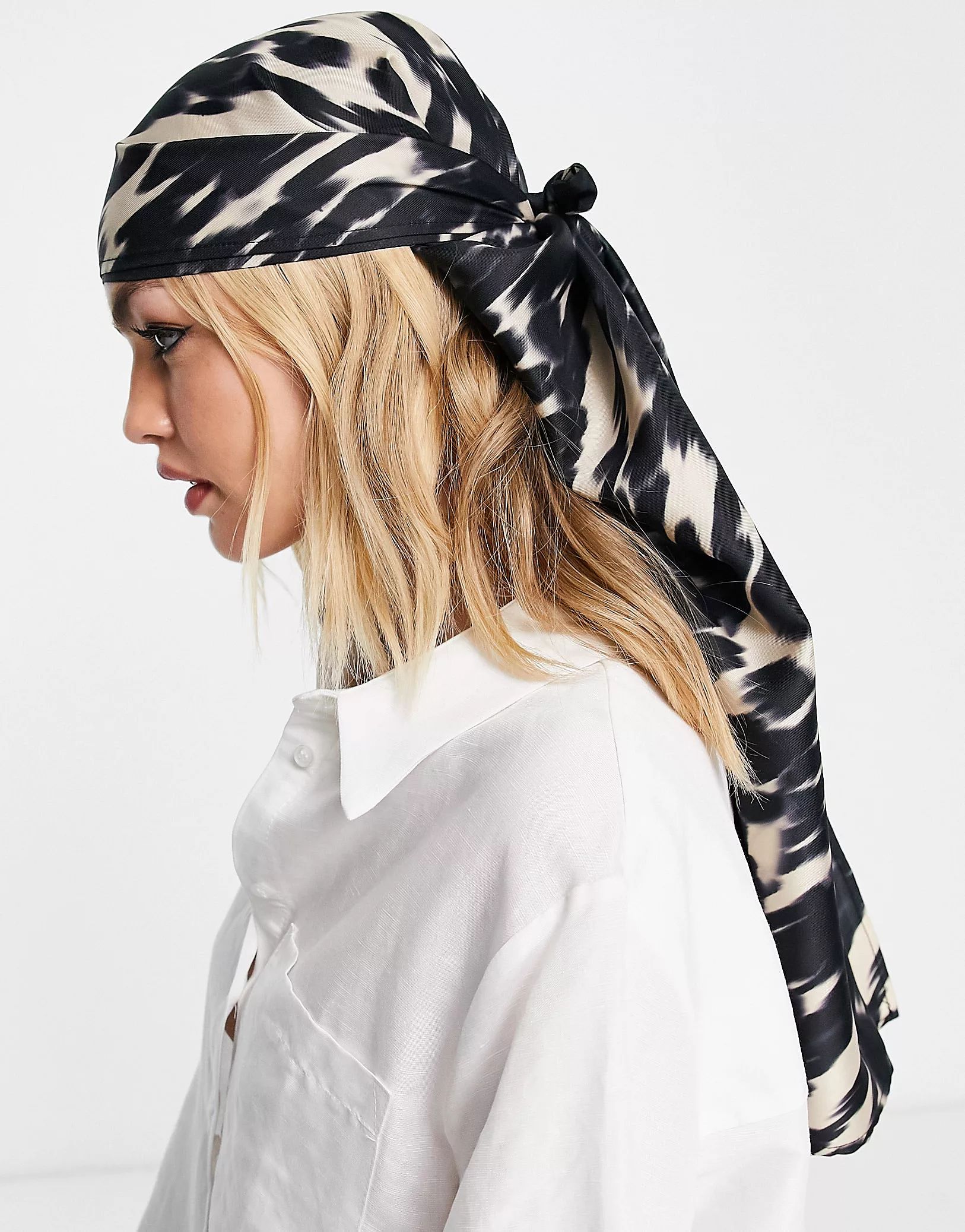 ASOS DESIGN polysatin extra large headscarf in blurred animal print in stone | ASOS (Global)