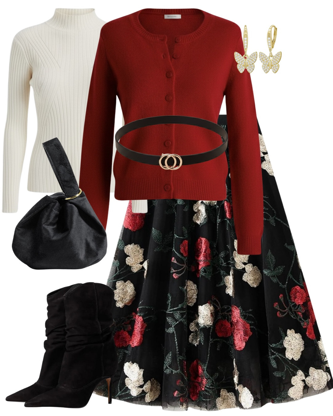 Romantic Valentine’s Day look with a cozy-meets-elegant vibe ❤️
A deep red cardigan layered over a cream ribbed turtleneck, paired with a floral midi skirt for a classic feminine silhouette. Finished with black heeled boots, a structured mini bag, and delicate butterfly earrings—perfect for date night, brunch, or a coffee catch-up.

Flatlay shows the actual items. AI-generated image used for outfit inspiration only.

#LTKFashion #LTKStyletip #LTKValentine

#LTKSeasonal