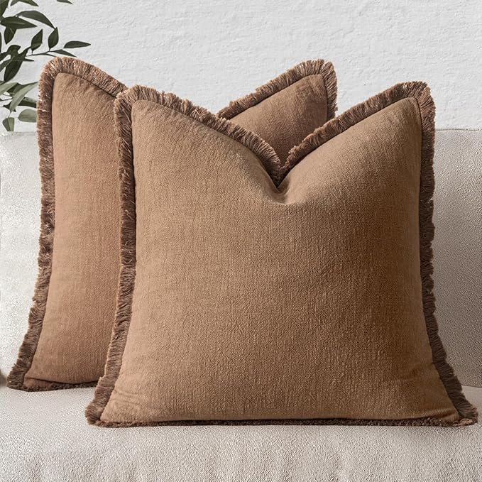 MIULEE Decorative Throw Pillow Covers Neutral Linen Fringe Throw Pillows Set of 2 Brown Boho Farm... | Amazon (US)