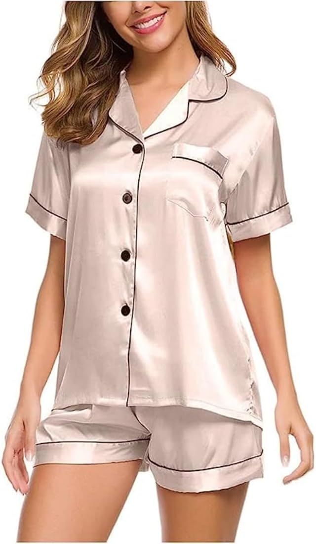 Silk Pajamas Womens Summer Short Sleeve Sleepwear Soft Satin Button Down Loungewear Cute 2 Piece ... | Amazon (US)