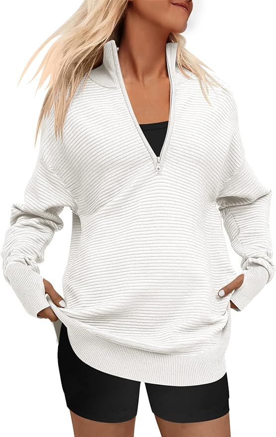 ANRABESS Women’s Long Sleeve Half Zip V Neck Collared Casual Slouchy Ribbed Knit Pullover Sweat... | Amazon (US)