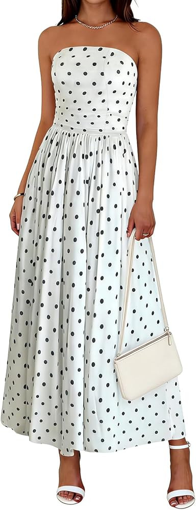 Wenrine Womens Polka Dot Strapless Dress Summer Smocked Tube Top Casual Sleeveless Swing Flowy Ma... | Amazon (US)