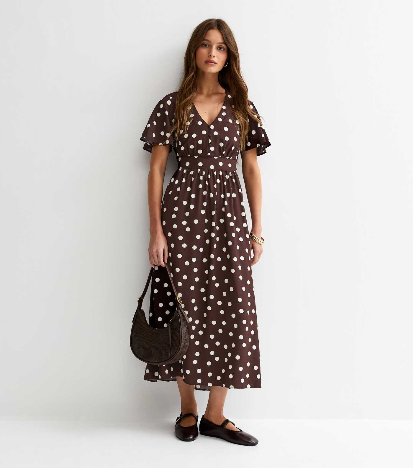 Brown Polka Dot Flutter Sleeve Midi Dress | New Look | New Look (UK)