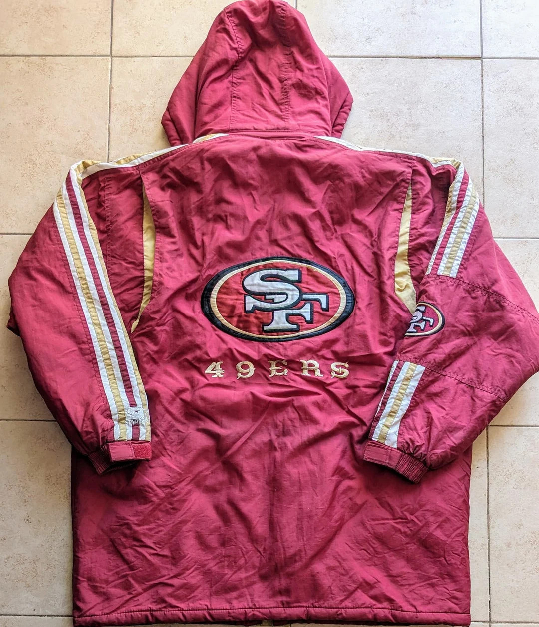 San Francisco 49ers 90s STARTER Puffer Trench Jacket Hood L Red Gold NFL Vintage - Etsy | Etsy (US)