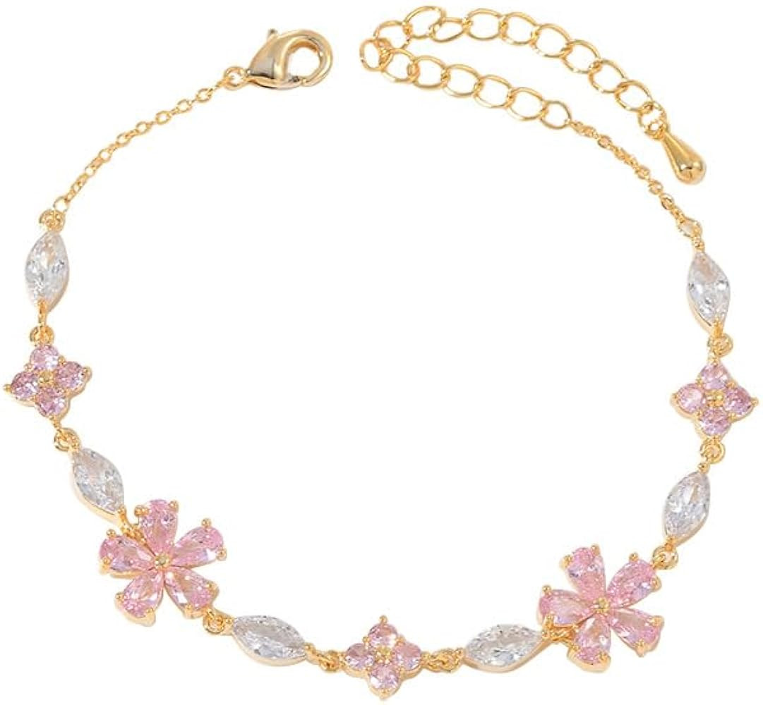 Pink Crystal Cherry Blossom Flower Chain Link Bracelet For Women Gold Silver Plated Fashion Cute ... | Amazon (US)