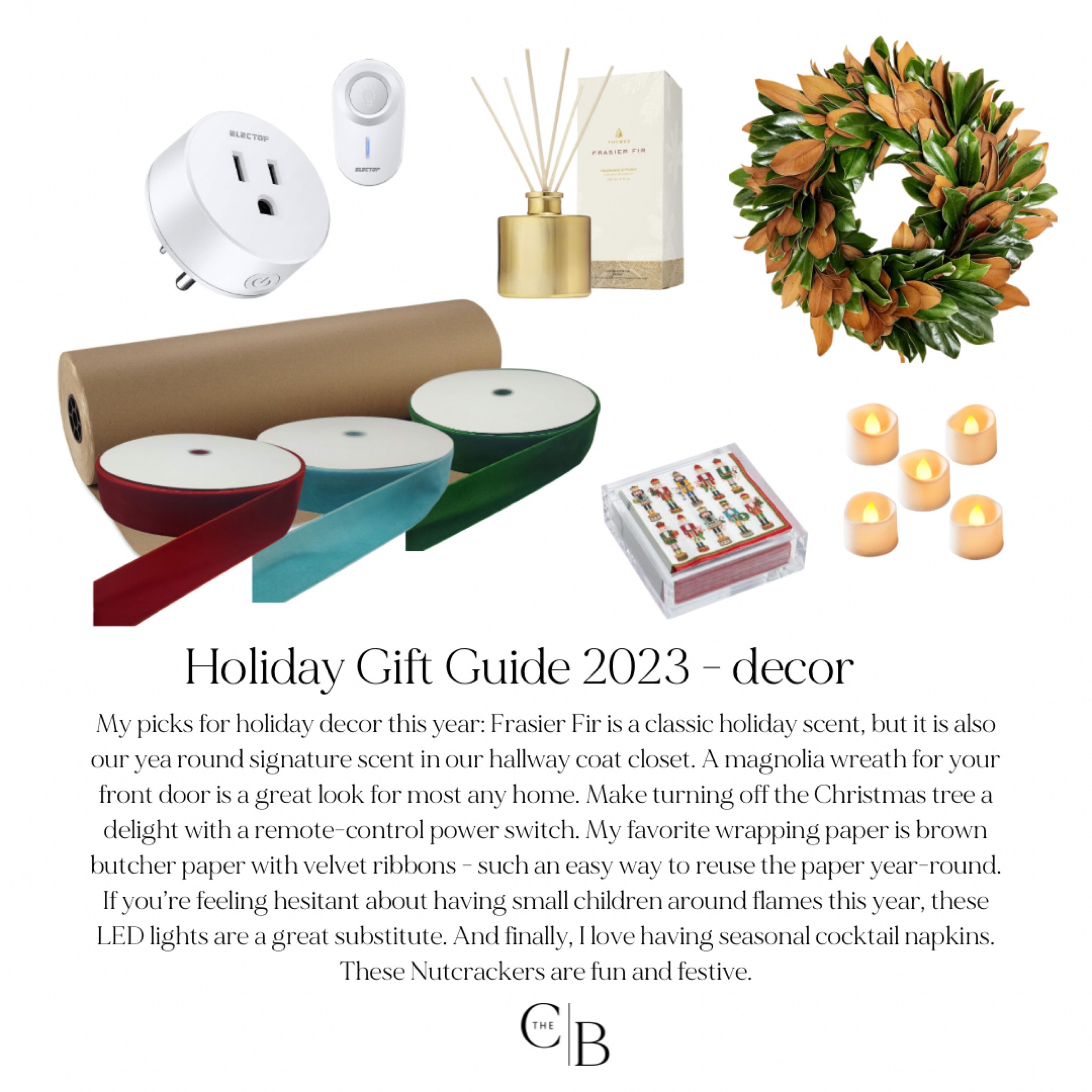My picks for holiday decor this year: Frasier Fir is a classic holiday scent, but it is also our yea round signature scent in our hallway coat closet. A magnolia wreath for your front door is a great look for most any home. Make turning off the Christmas tree a delight with a remote-control power switch. My favorite wrapping paper is brown butcher paper with velvet ribbons - such an easy way to reuse the paper year-round. If you’re feeling hesitant about having small children around flames this year, these LED lights are a great substitute. And finally, I love having seasonal cocktail napkins. These Nutcrackers are fun and festive.

#LTKHoliday #LTKGiftGuide #LTKSeasonal