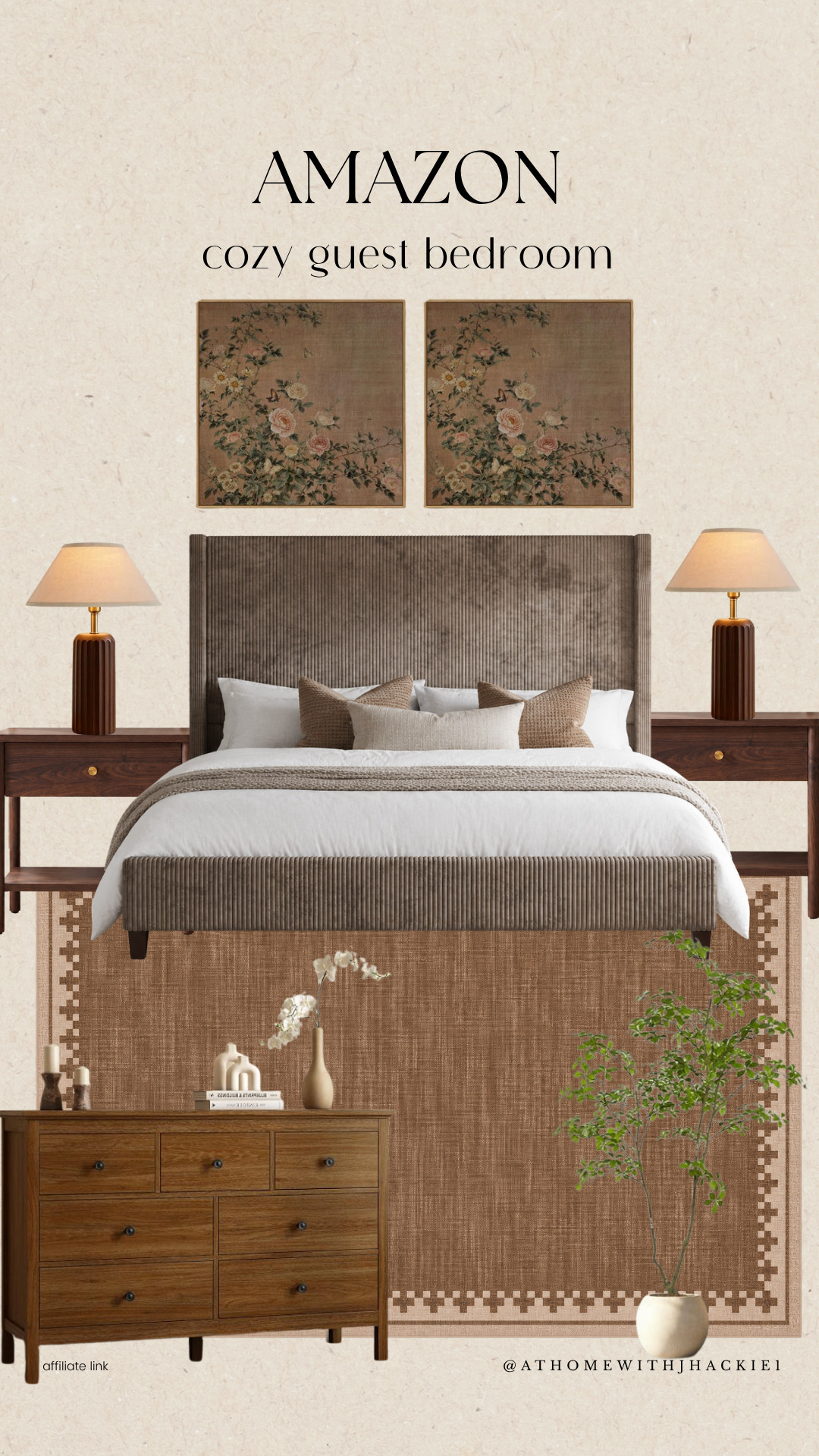 Amazon bedroom decor, cozy guest bedroom, guest bedroom ideas, Amazon bedroom finds, warm neutral bedroom, brown bedroom decor, cozy bedroom aesthetic, Amazon bed frame, brown upholstered bed, white bedding ideas, brown throw pillows, bedroom rug ideas, wood nightstands, cozy bedroom styling, neutral bedroom decor, earthy bedroom ideas, traditional bedroom decor, fall bedroom decor, affordable bedroom makeover, Amazon home finds

#LTKHome