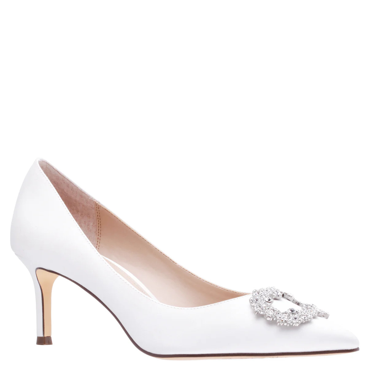 Womens Neya White Satin Mid-Heel Pumps with Jeweled Buckle | Nina Shoes | Nina Shoes