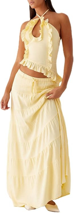 Y2k Maxi Skirt Sets 2 Piece Outfit for Women Flowy Ruched Ruffle Long Skirts and Backless Halter ... | Amazon (US)